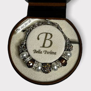 Bella Perlina Bracelet, Brown Beads, Rhinestone Charm Bracelet